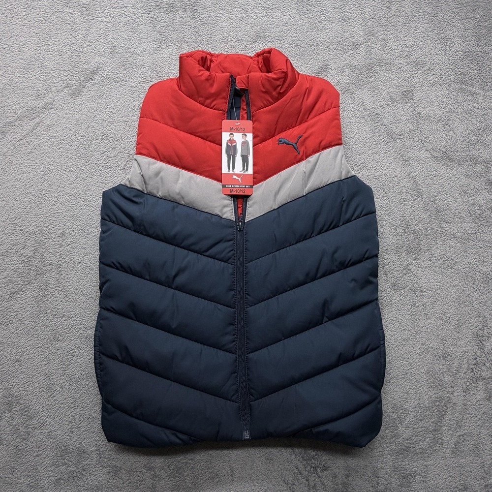 Puma Puffer Vest‎ Boys Medium 10/12 Red Gray Navy Quilted Sleeveless Zip Front